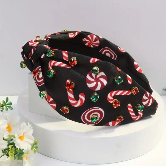 Black Center Knot Candy Cane Headband with green & Red crystals Christmas - Picture 1 of 1